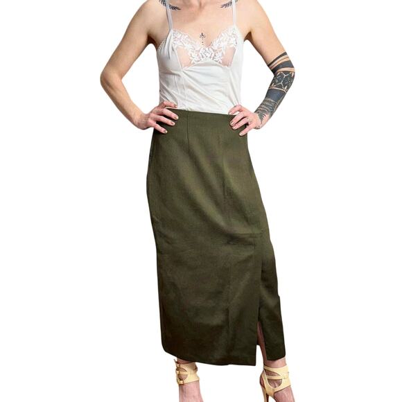 Women's Vintage Green Casual Corner Polyester Blend Maxi Skirt w/ Slit - Picture 5 of 7